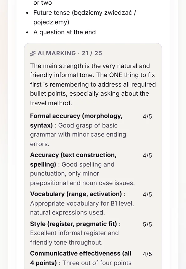 Pluddy Exam Simulator: AI marking of a Polish exam email, 21 out of 25, with the missed point and case-ending corrections