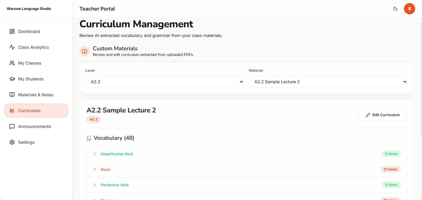 Teacher curriculum editor showing vocabulary categories and grammar rules
